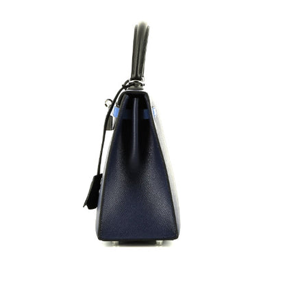 Borsa Hermès Kelly 25 cm in pelle Epsom tricolore blu scuro Bleu Atoll e nera