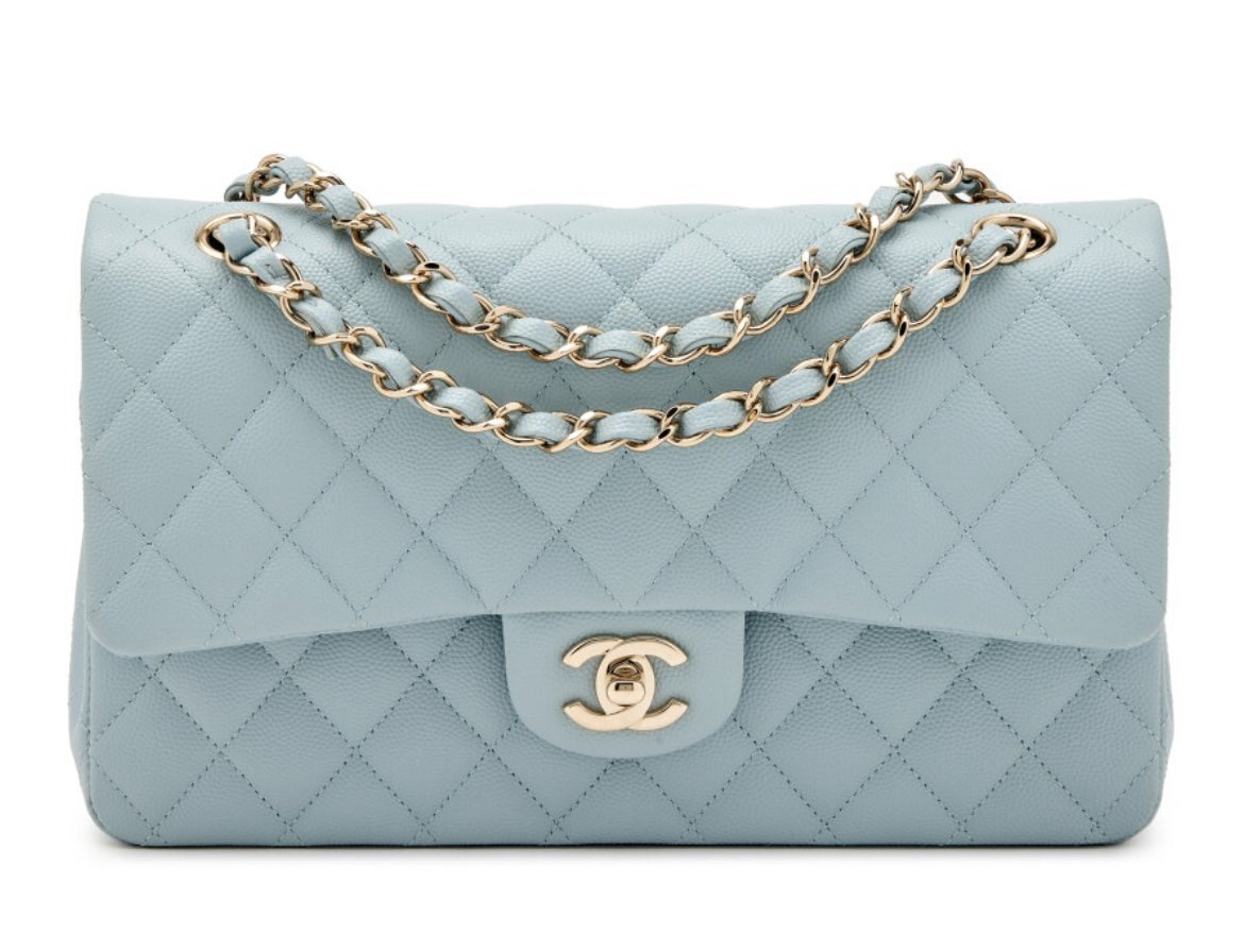 Chanel
Light Blue Quilted Caviar Medium Classic Double Flap Light Gold Hardware, 2022